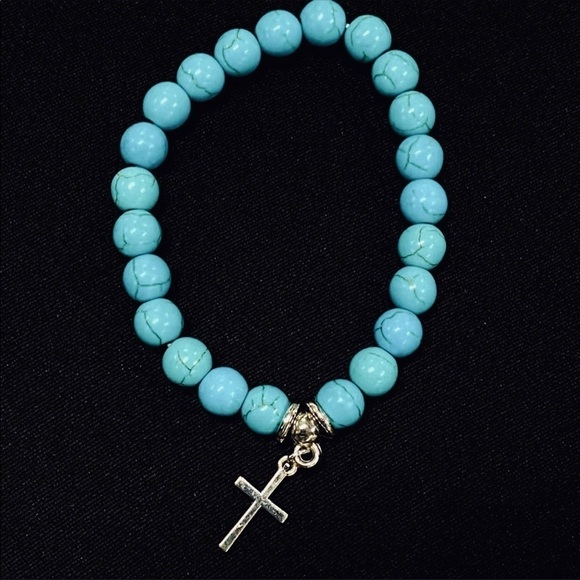 NEW Turquoise Mala Bead Bracelet Silver Cross Pendant - Picture 1 of 4